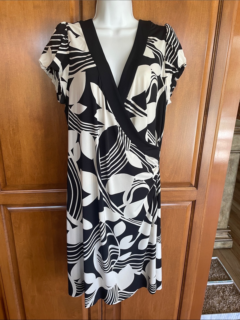 INC International Concepts Black & White Abstract Print Faux Wrap Dress Sz XL